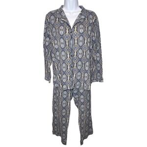 Calida Womens Blue Yellow Paisley Pajama Set Button Down Sz M Swiss Loungewear